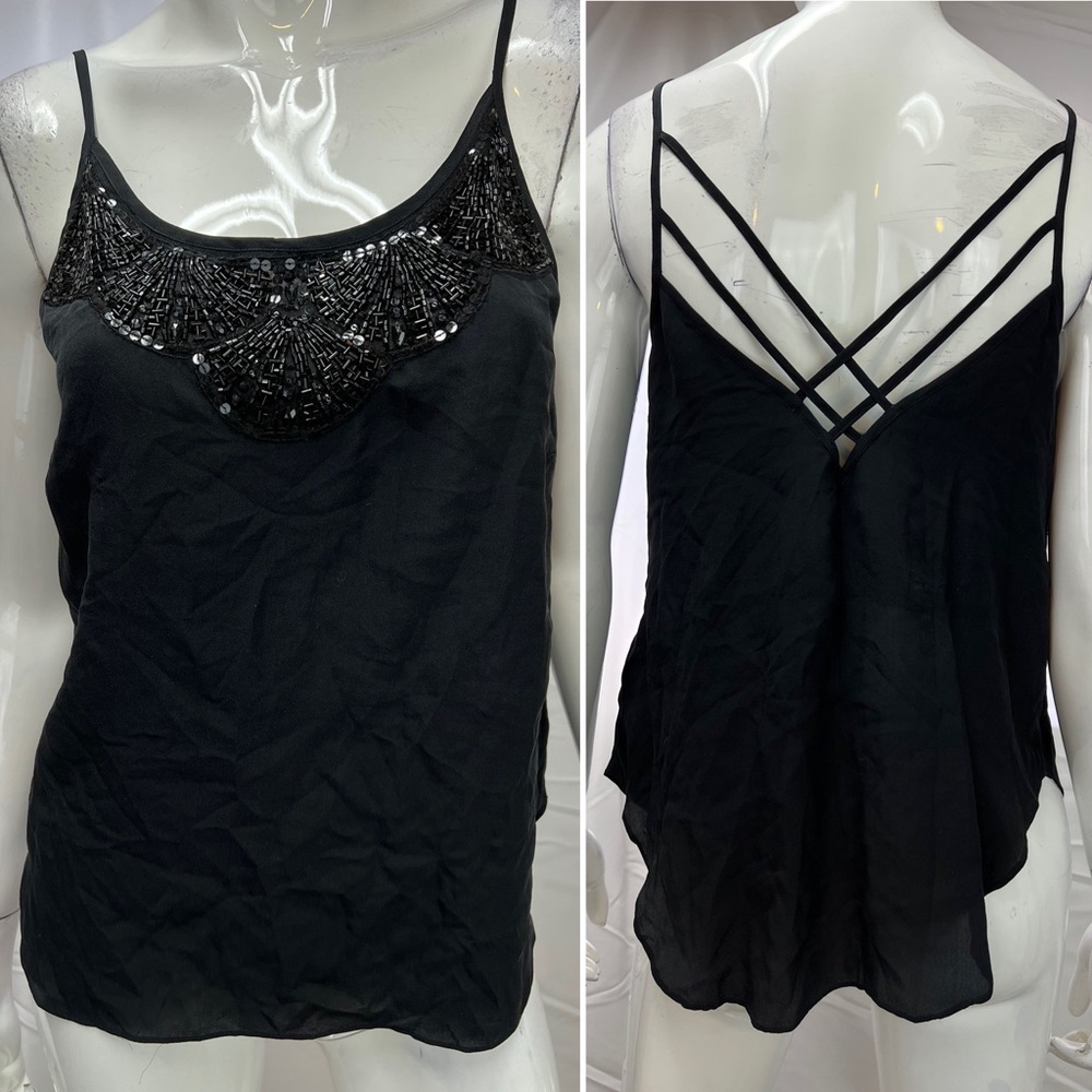 NWT Zac Posen 4 Strappy Criss-Cross Back Black Silk Sequins Beaded Tank Top